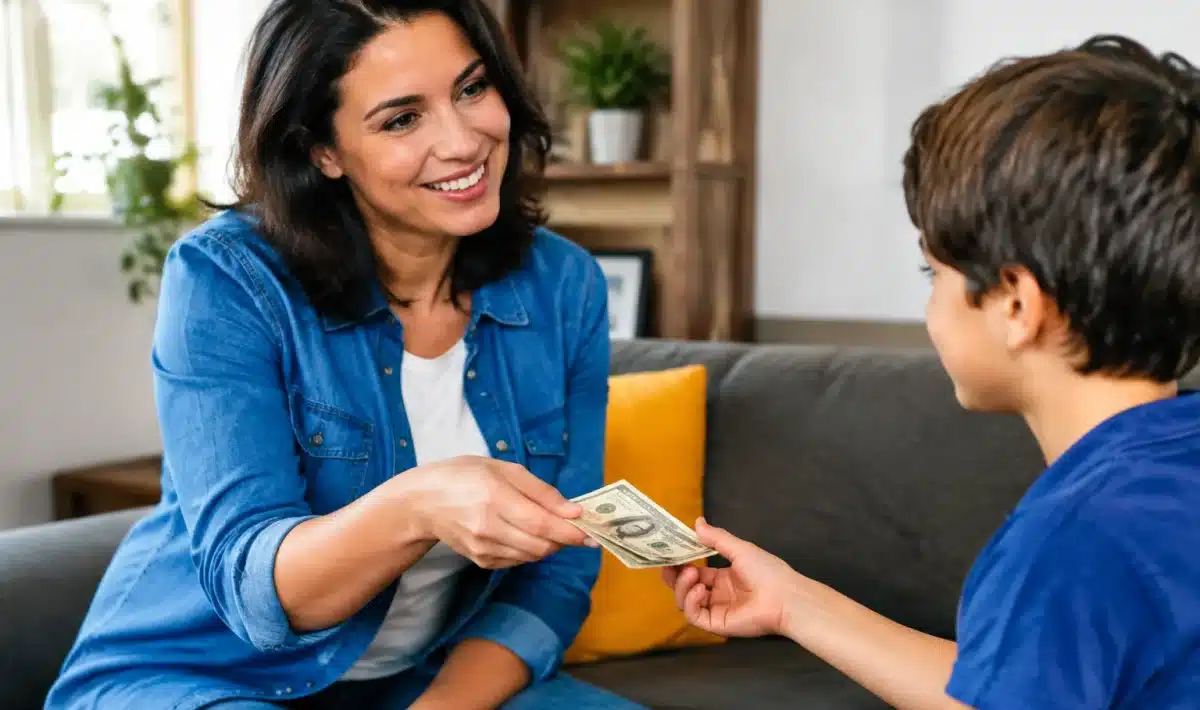 Parent remettant des billets a enfant assis en face