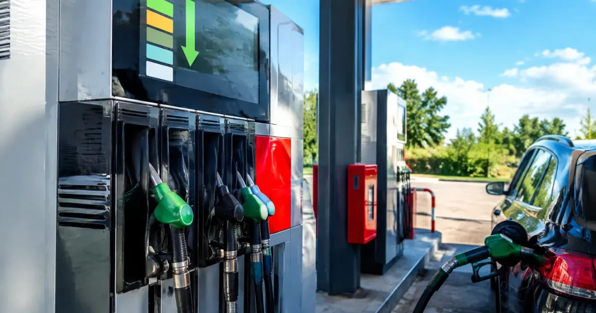 Pompes à essence affichant des prix baissant sur écrans numériques