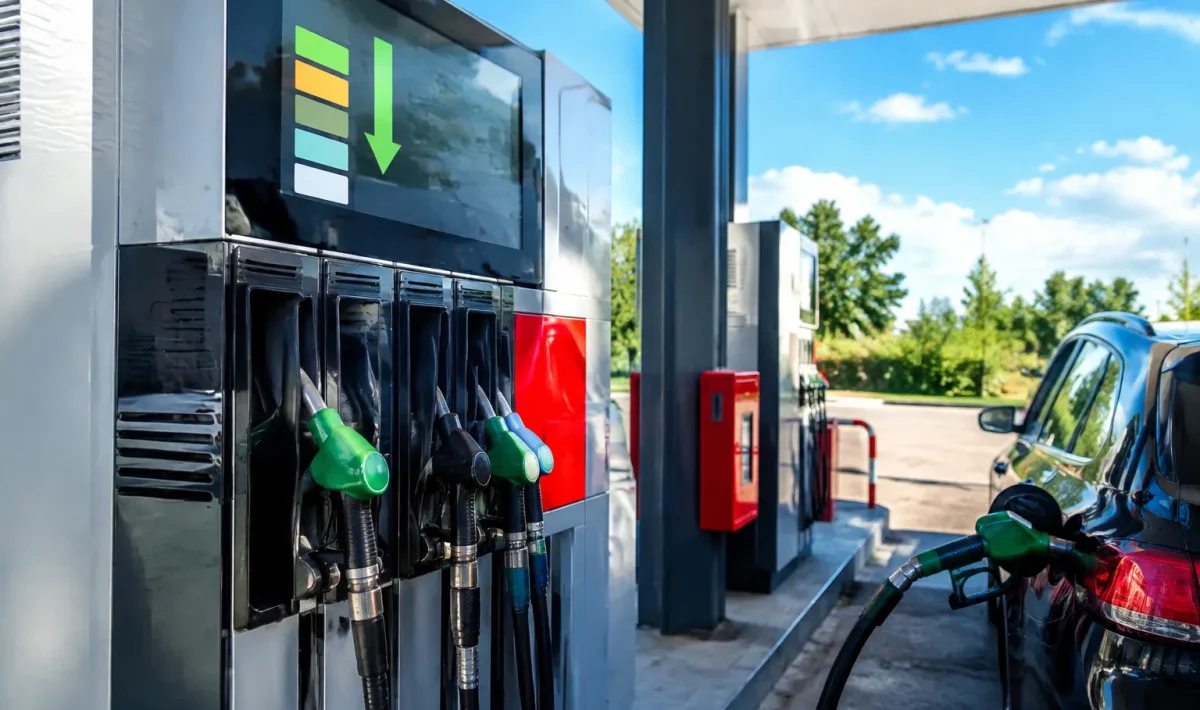 Pompes à essence affichant des prix baissant sur écrans numériques