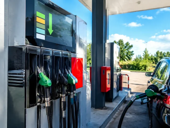 Pompes à essence affichant des prix baissant sur écrans numériques