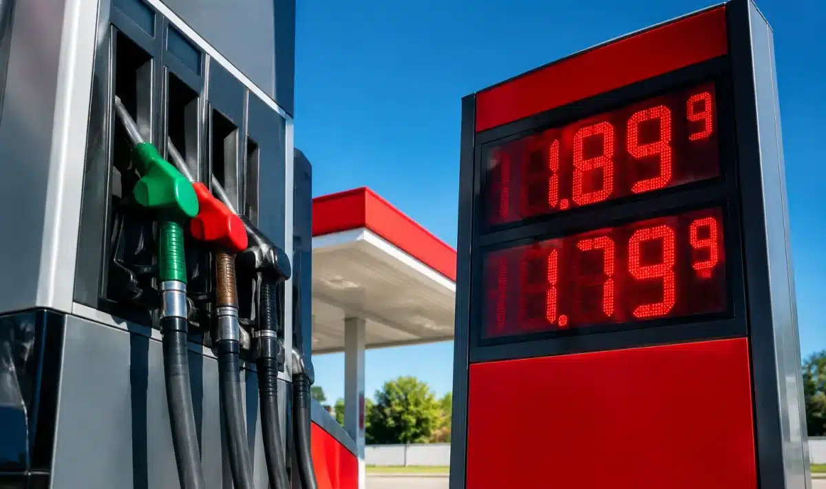 Affichage numérique rouge montrant prix carburant diesel élevé pompe essence