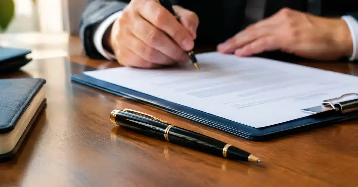 Document bancaire reposant sur bureau, stylo noir posé dessus, main signant en arrière-plan