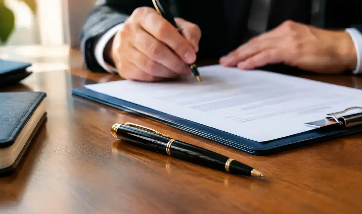 Document bancaire reposant sur bureau, stylo noir posé dessus, main signant en arrière-plan