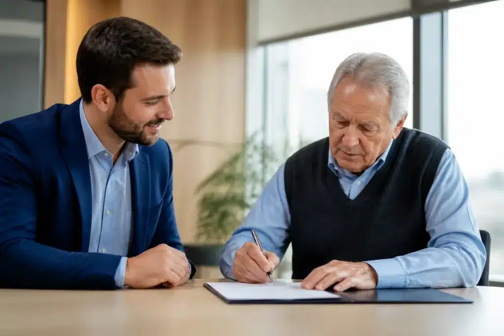 Personne agee signant document bancaire avec conseiller presente