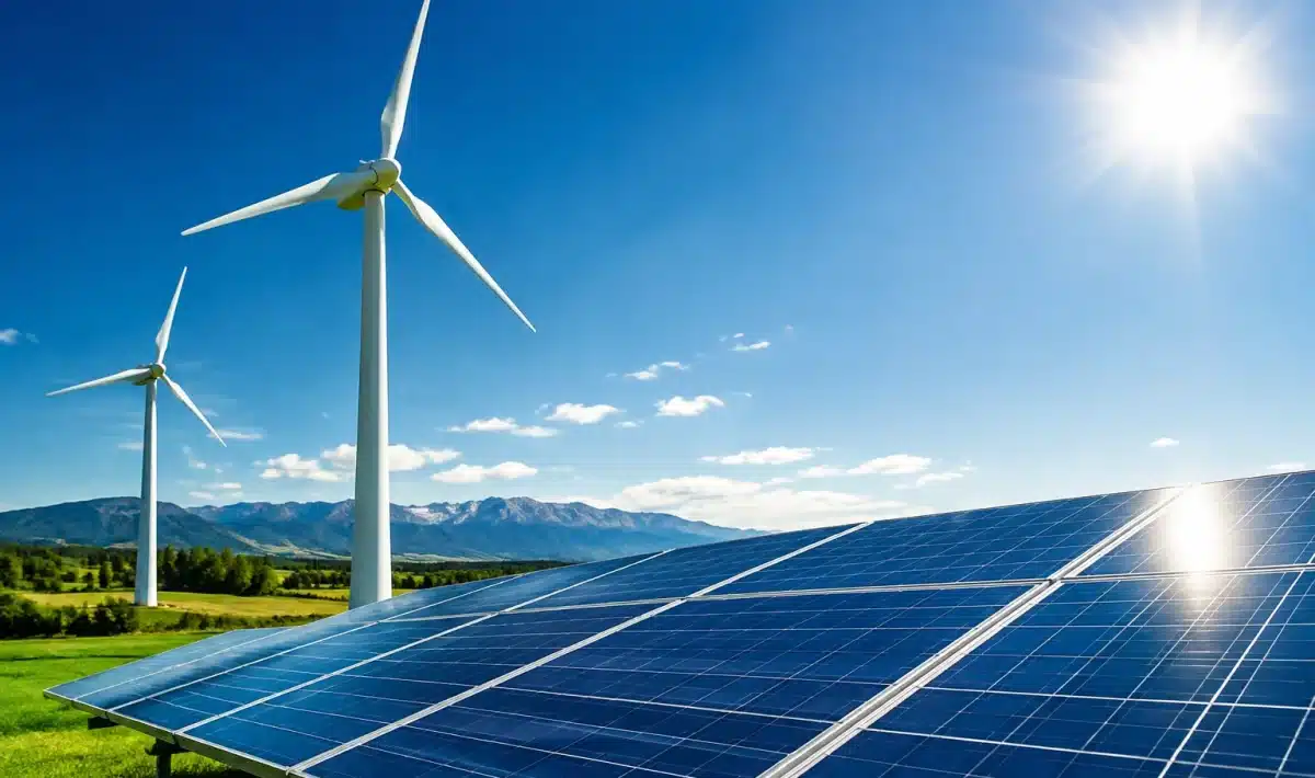 Eoliennes et panneaux solaires arretes sous ciel degage et ensoleille