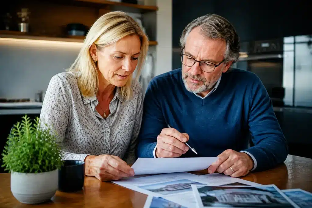 Couple mature examinant documents immobiliers avec stylo