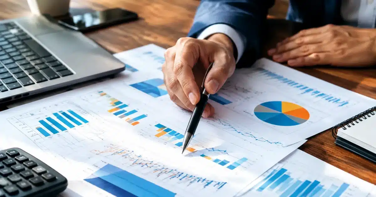 Documents financiers etalés sur bureau avec stylo pointant