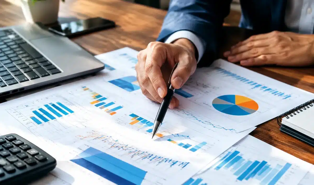 Documents financiers etalés sur bureau avec stylo pointant