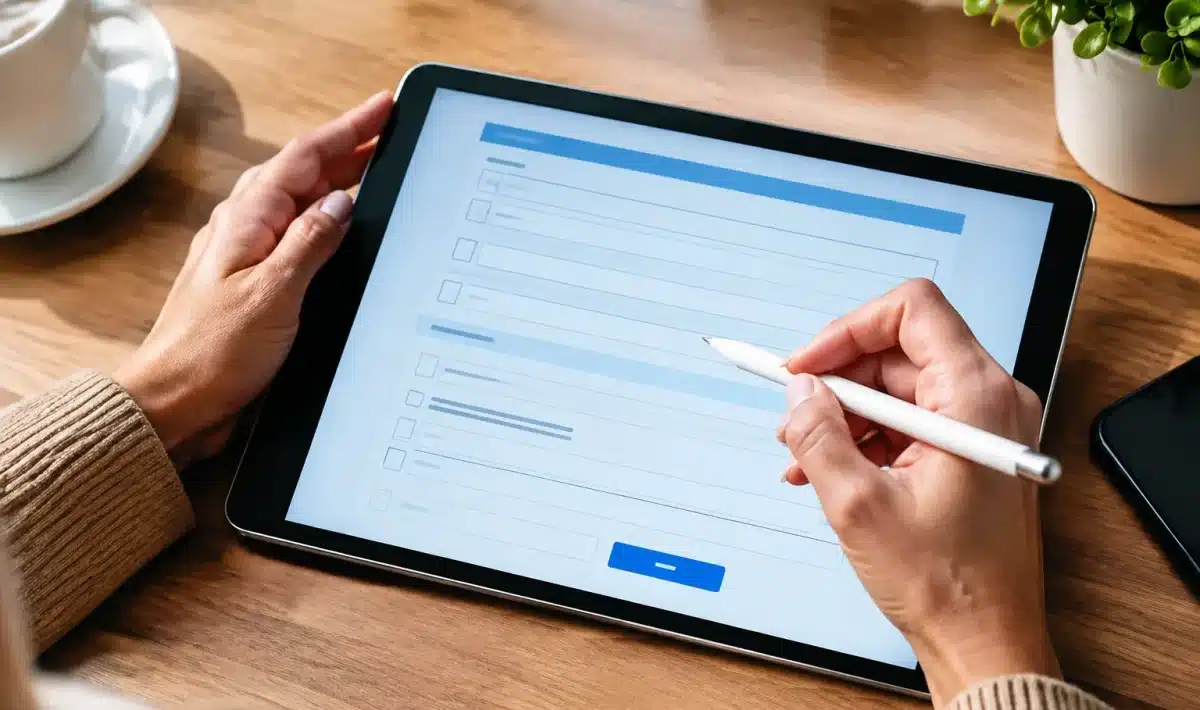 Formulaire numerique affiche sur ecran avec stylo et mains posees dessus