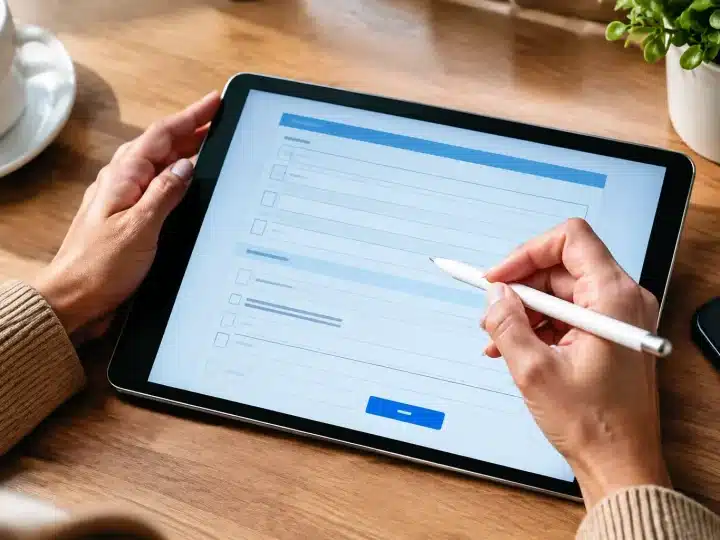 Formulaire numerique affiche sur ecran avec stylo et mains posees dessus