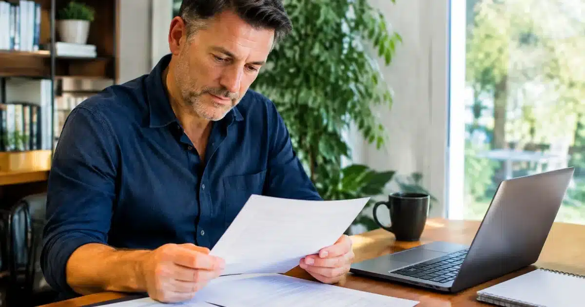 Homme assis a son bureau etudiant des documents de retraite