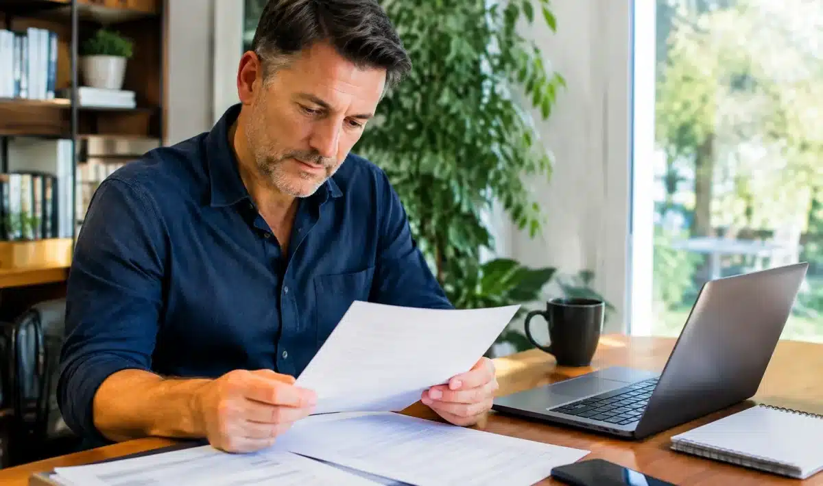Homme assis a son bureau etudiant des documents de retraite