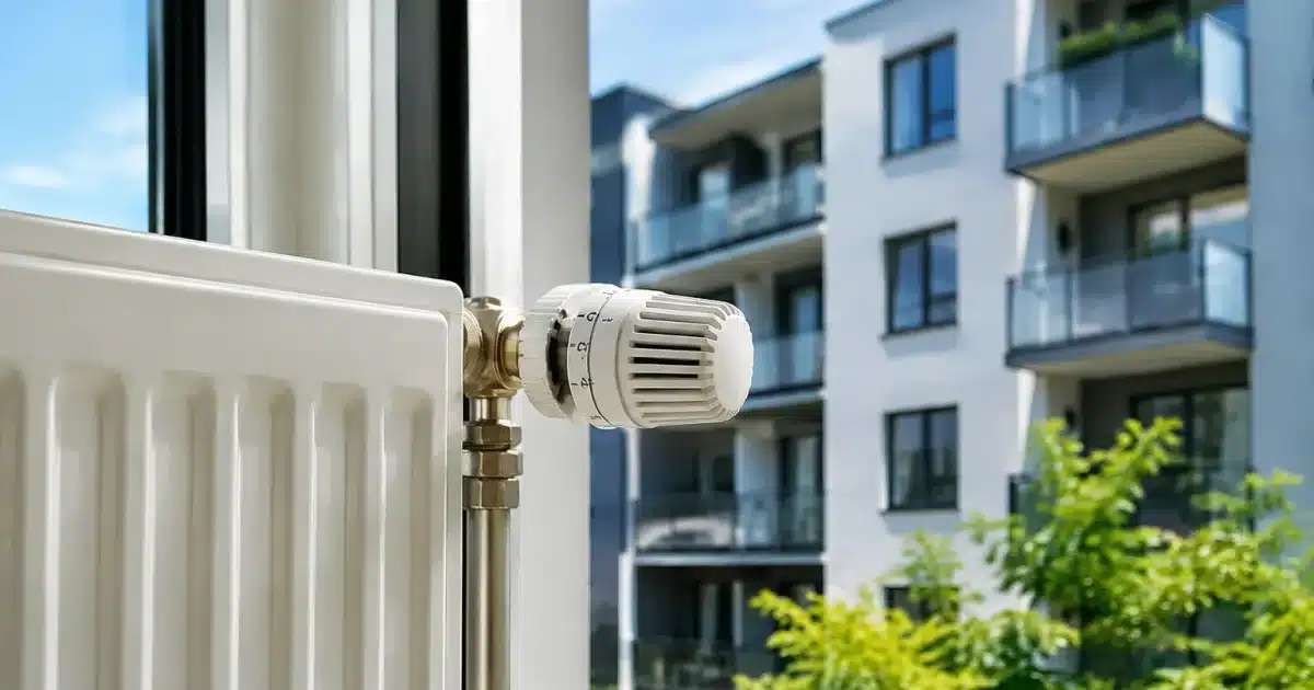 Radiateur collectif avec valve de regulation, immeuble locatif en arriere-plan