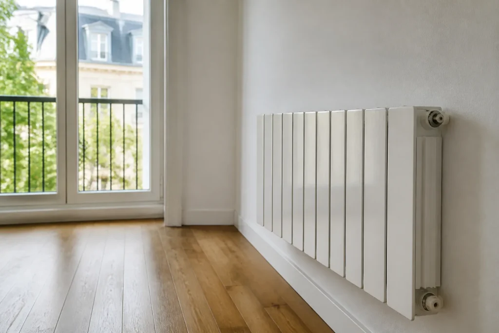 Radiateurs blancs dans immeuble sans thermostat