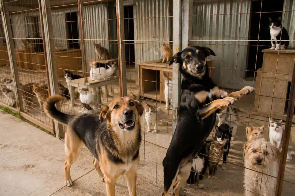 Refuge animalier avec chats et chiens en enclos