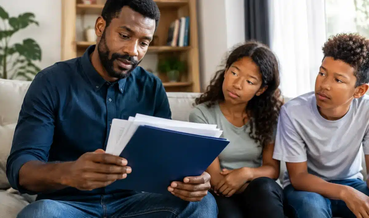 Homme tenant documents officiels face à ses enfants assis