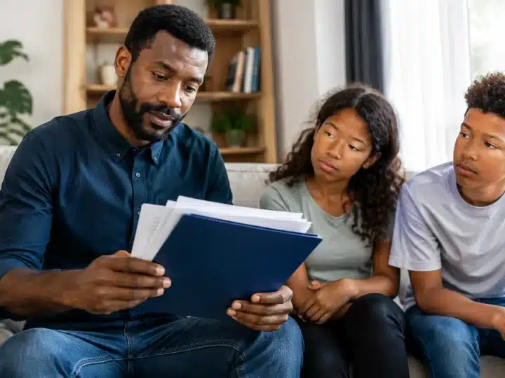 Homme tenant documents officiels face à ses enfants assis