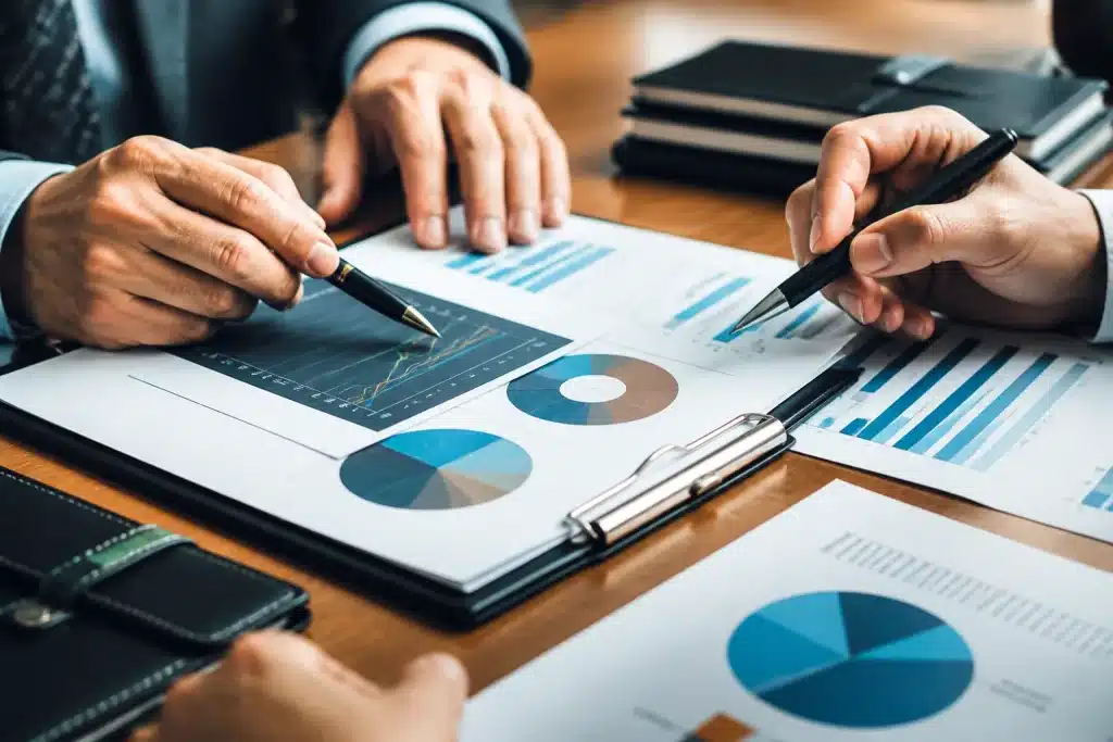 Documents financiers avec graphiques de rendements et contrats d'assurance