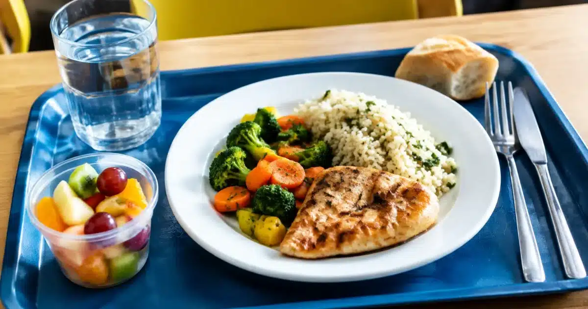 Plateau repas étudiant avec assiette posée sur table