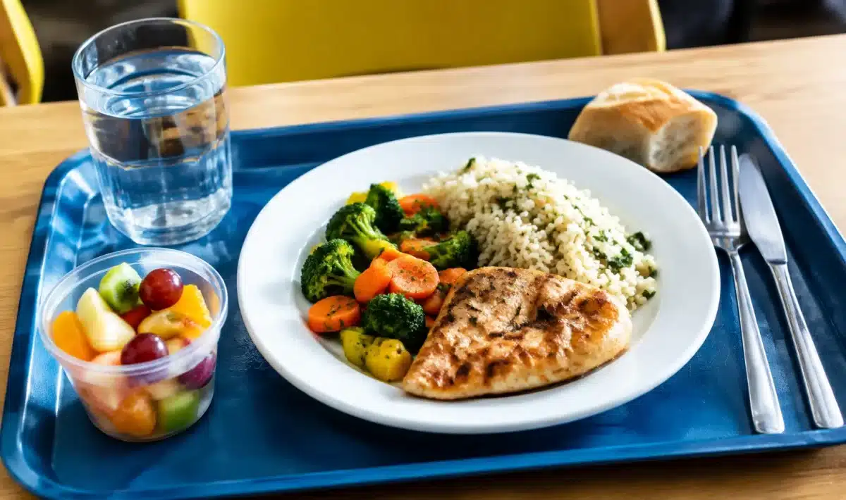 Plateau repas étudiant avec assiette posée sur table