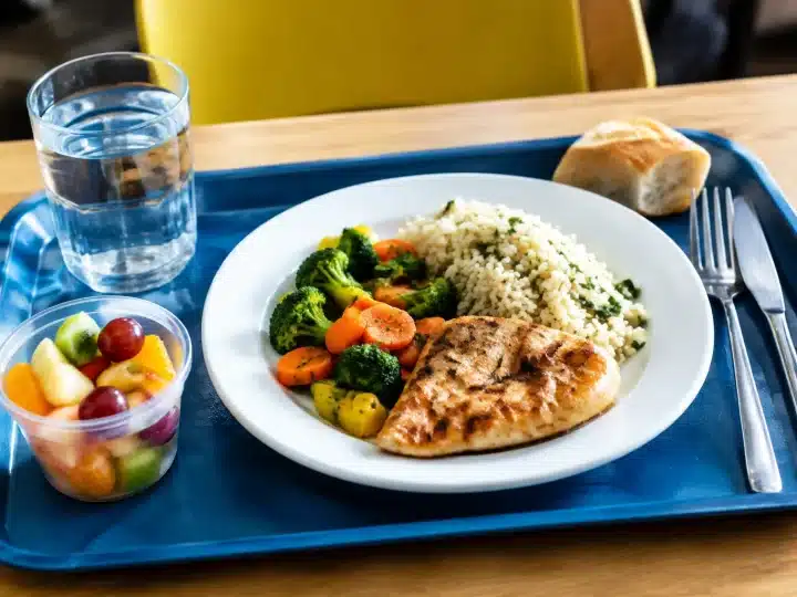 Plateau repas étudiant avec assiette posée sur table