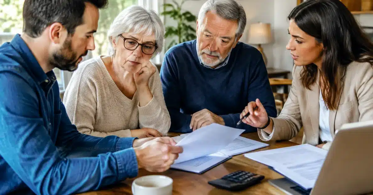 Famille assise autour table discutant documents financiers maison retraite