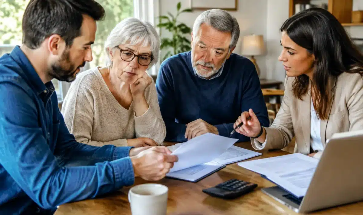 Famille assise autour table discutant documents financiers maison retraite