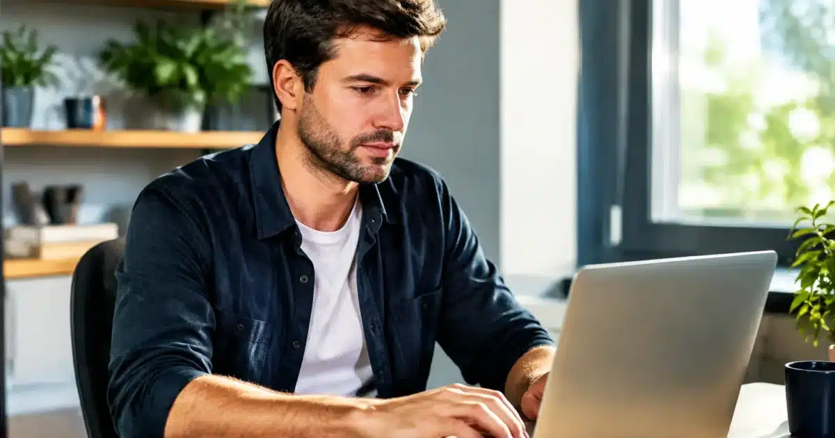 Homme assis a son bureau travaillant a temps partiel progressivement