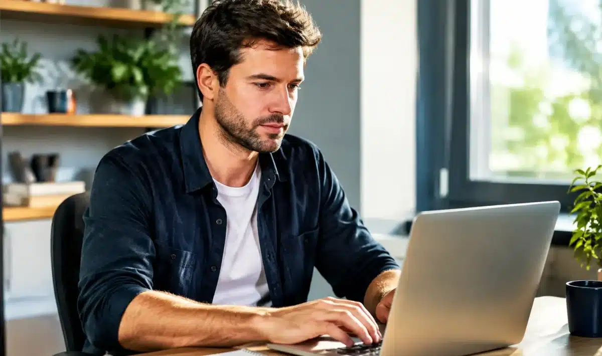 Homme assis a son bureau travaillant a temps partiel progressivement