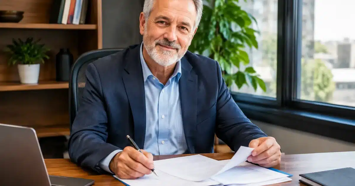 Senior assis a bureau avec documents salaire et contrat emploi visibles