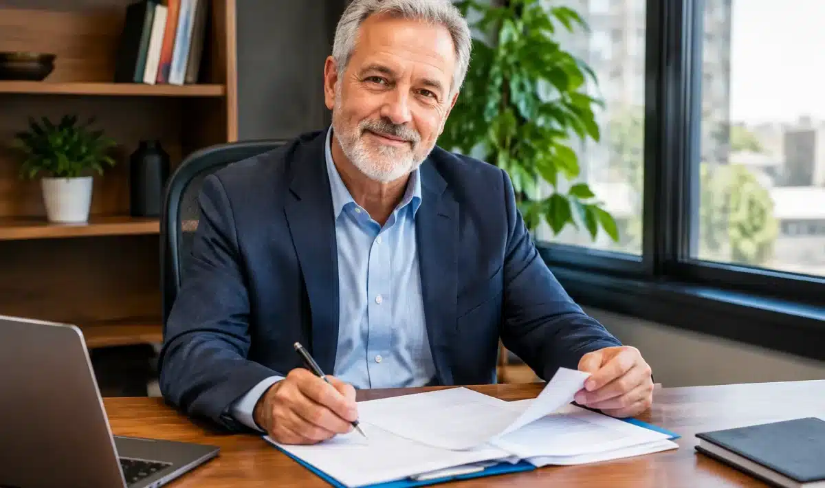 Senior assis a bureau avec documents salaire et contrat emploi visibles