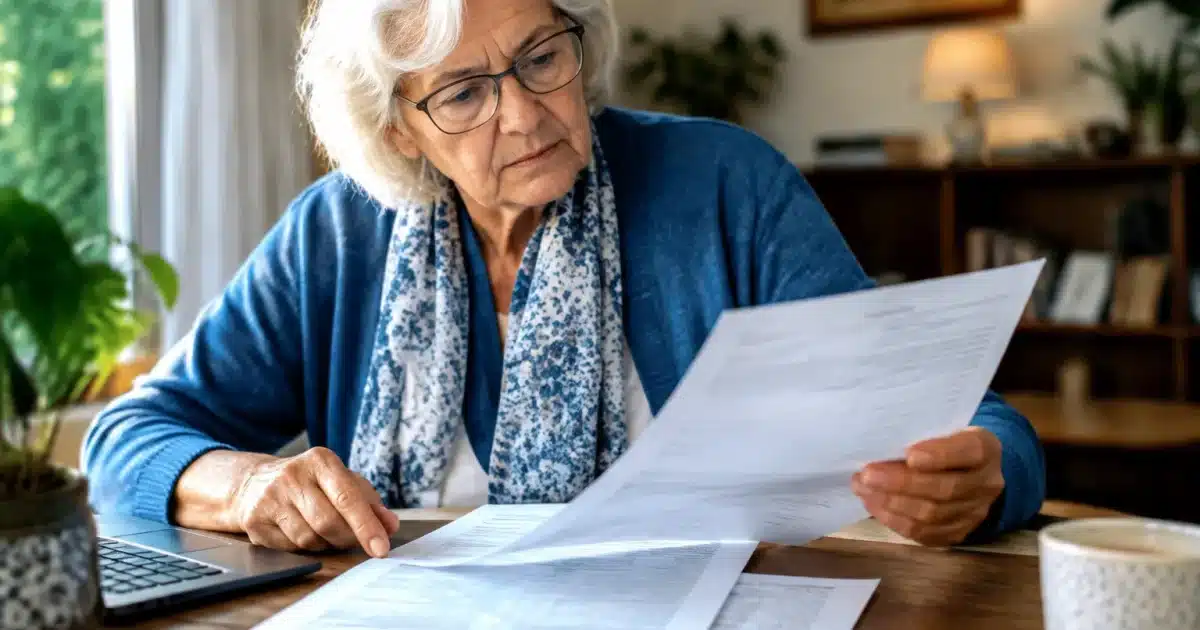 Personne âgée assise examinant relevé bancaire détaillé à table