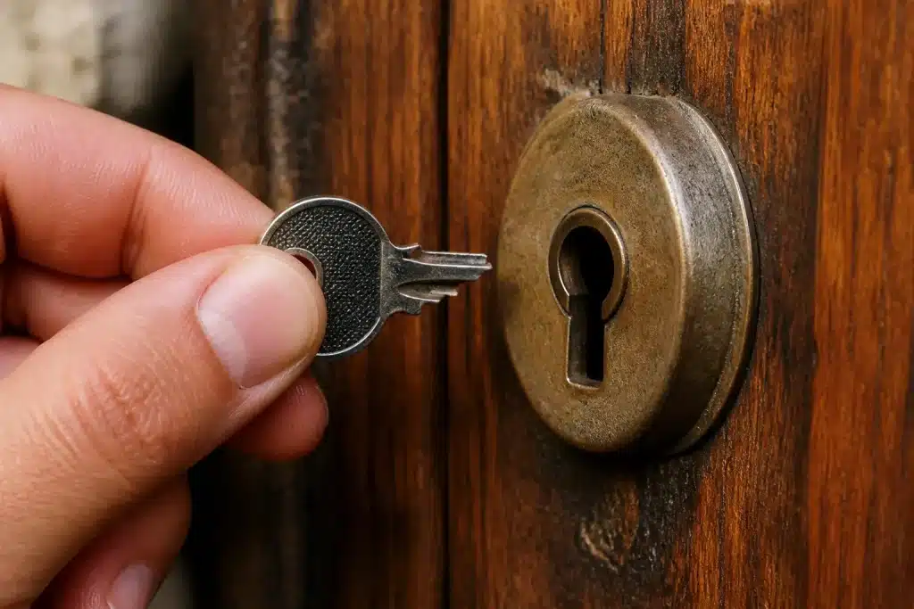 Main tenant clé de serrure métallique endommagée sur porte bois