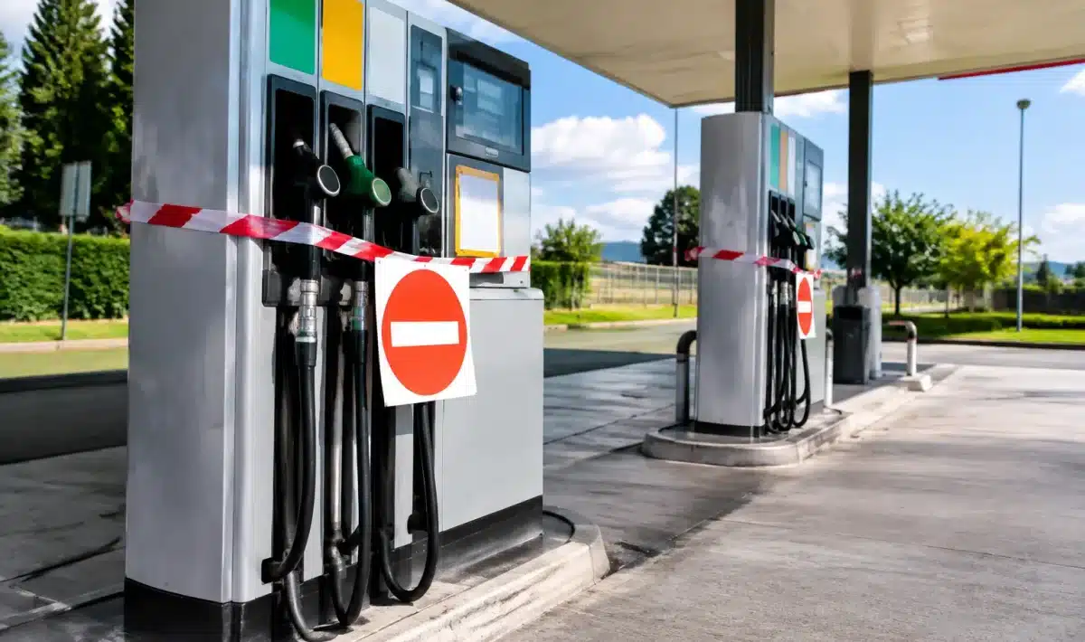 Pompes essence fermées affichant panneaux rupture carburant départements France