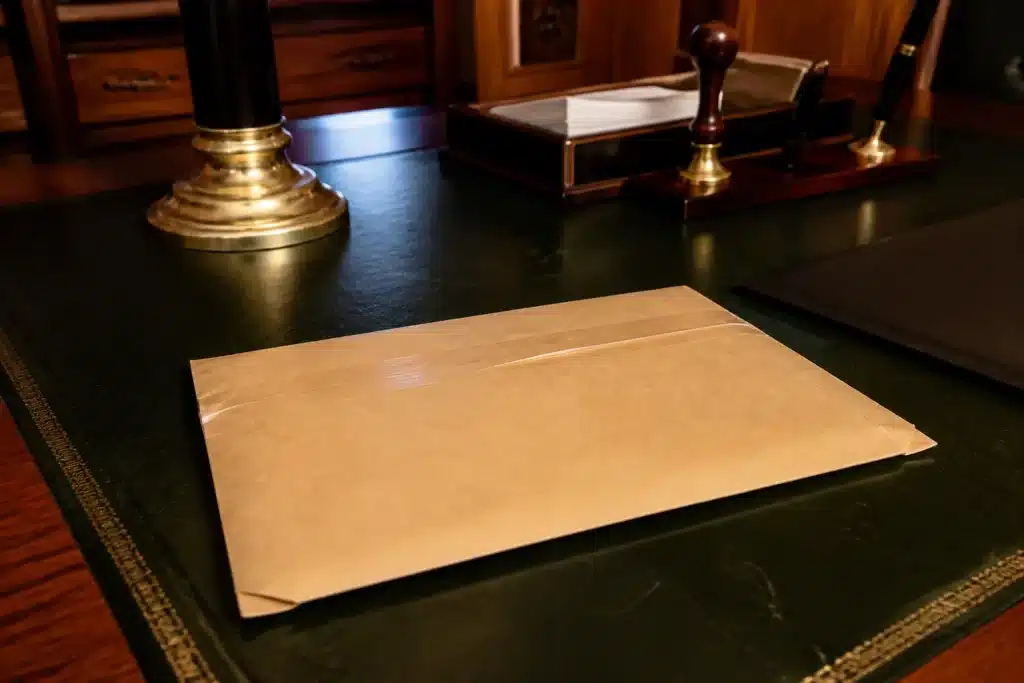 Enveloppe recommandée avec accusé de réception sur bureau notarial