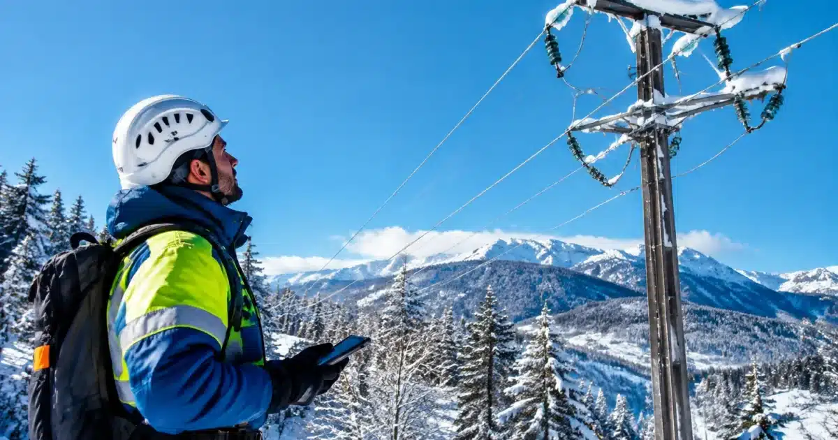 Technicien Enedis inspectant ligne electrique sous neige en hiver