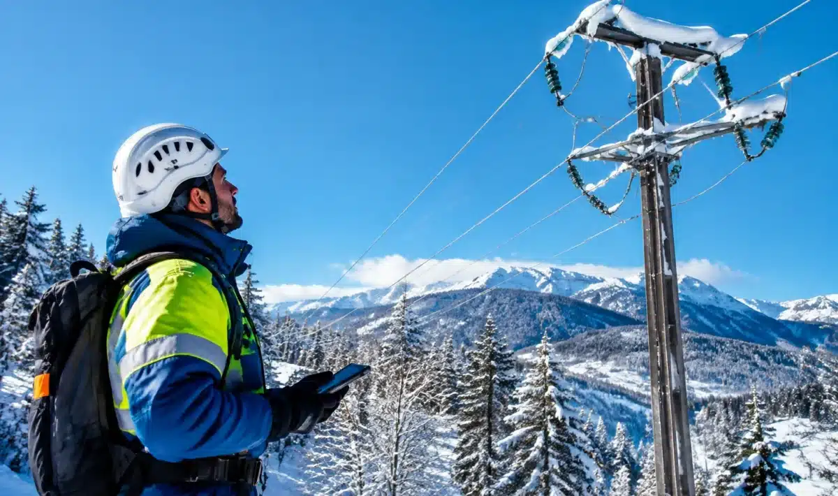 Technicien Enedis inspectant ligne electrique sous neige en hiver