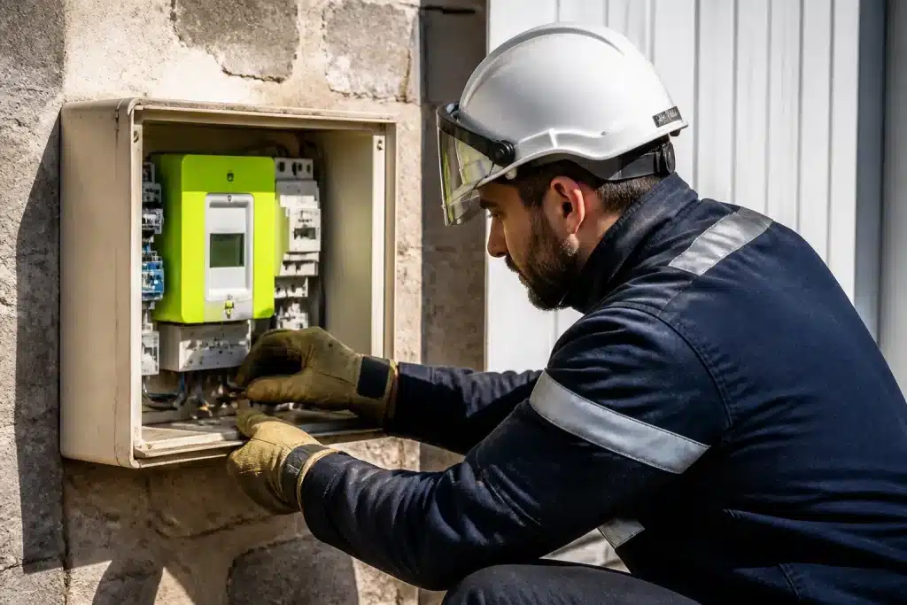 Technicien Enedis intervenant sur compteur electrique defaillant