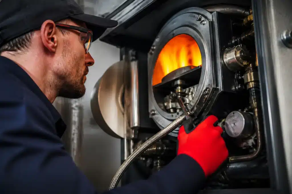 Technicien vérifiant brûleur gaz avec flamme orange vif