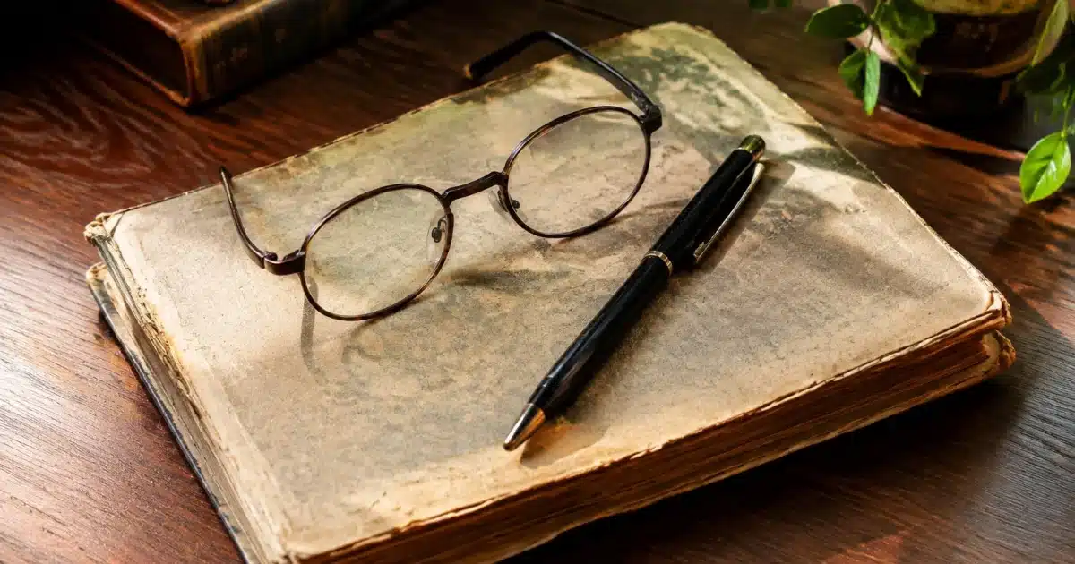 Document ancien posé sur bureau avec stylo et lunettes de lecture
