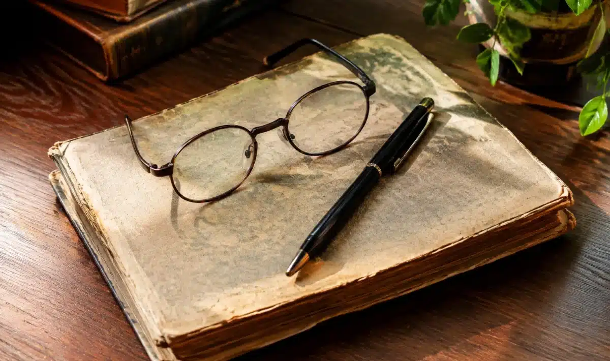 Document ancien posé sur bureau avec stylo et lunettes de lecture