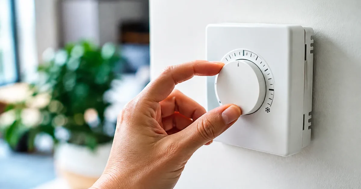 Doigt reglant cadran thermostat mur blanc