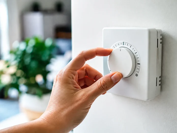 Doigt reglant cadran thermostat mur blanc