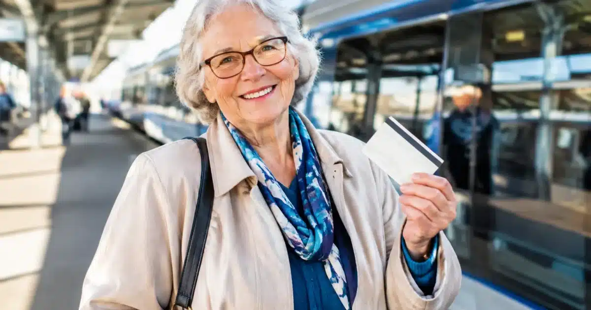 Personne agee tenant ticket train dans main, souriant en gare