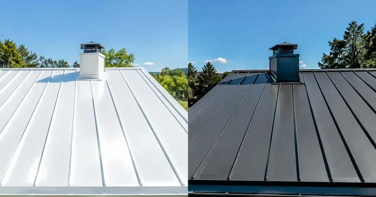 Deux toits de maison cote a cote, l'un blanc brillant, l'autre fonce, comparaison thermique