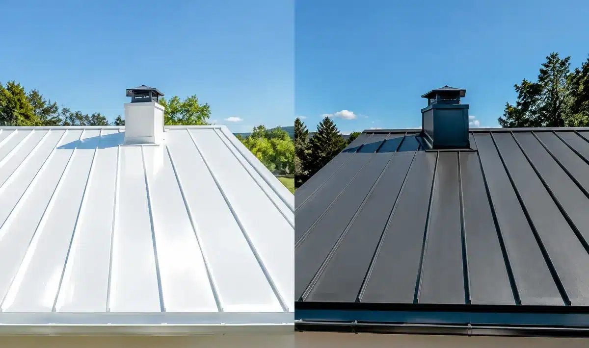 Deux toits de maison cote a cote, l'un blanc brillant, l'autre fonce, comparaison thermique