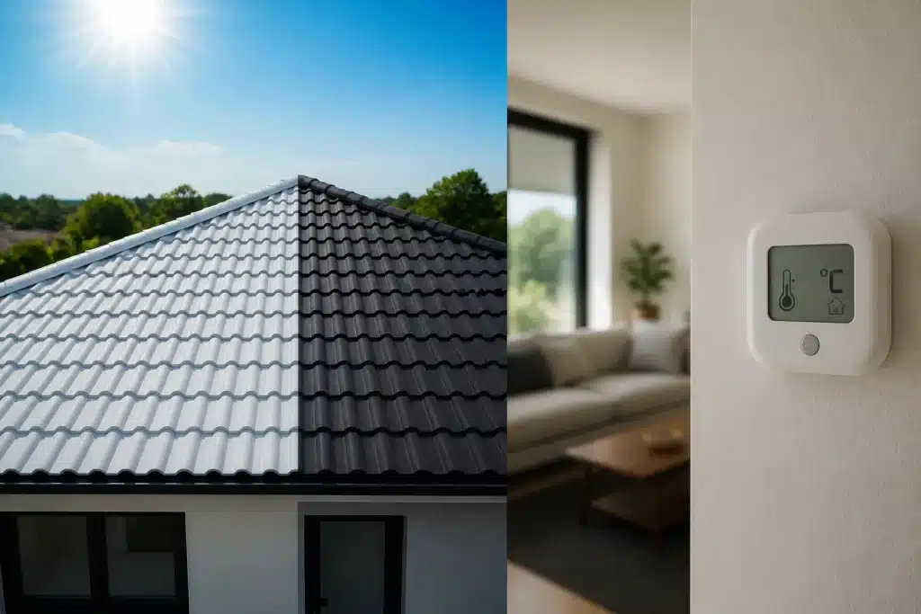 Toiture blanche et sombre sous soleil avec thermomètre intérieur