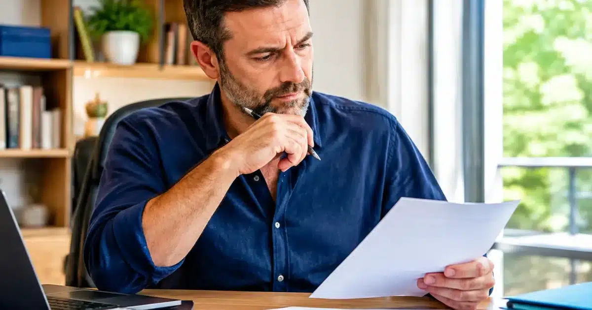 Homme assis à bureau consultant documents retraite calculatrice stylo