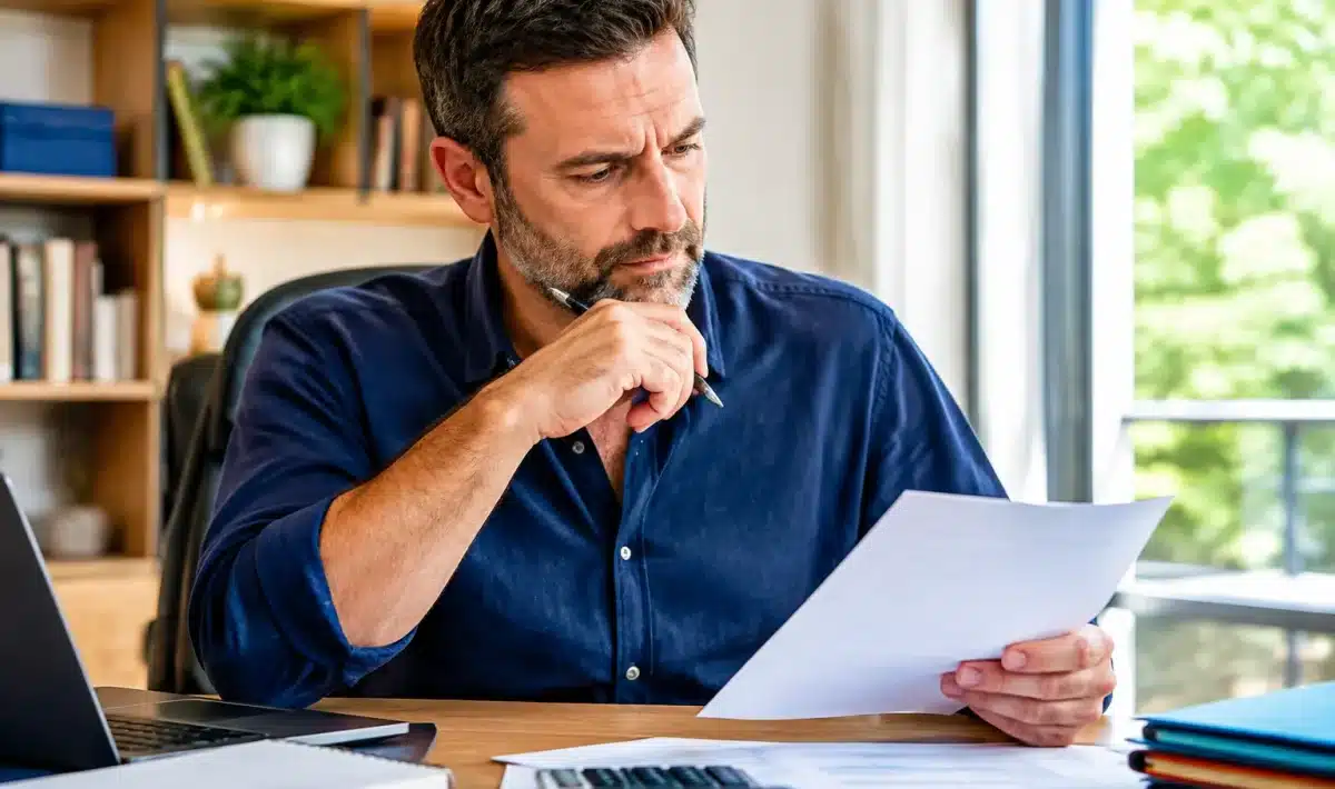 Homme assis à bureau consultant documents retraite calculatrice stylo