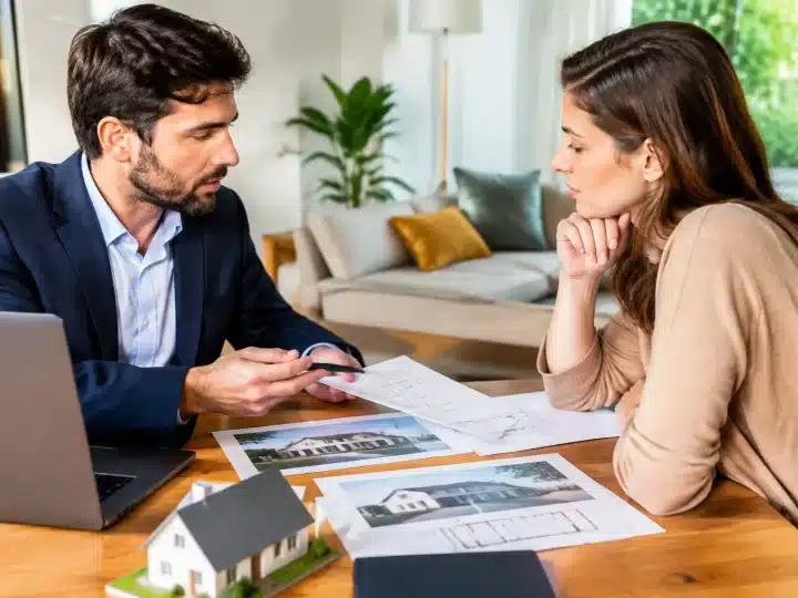 Maison avec deux personnes assises face à face examinant documents immobiliers